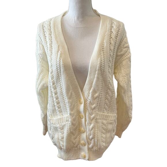 Vintage 70s 80s Carriage Court Acrylic Cable Knit V Neck Cardigan Sweater S - Picture 1 of 5